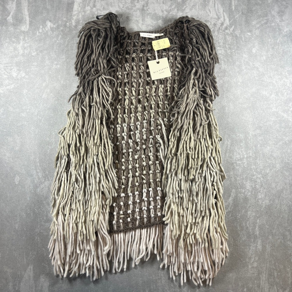 NWT Blu Pepper Womens‎ Shaggy Fringe Vest Ombre Brown Cream Open Front Small
